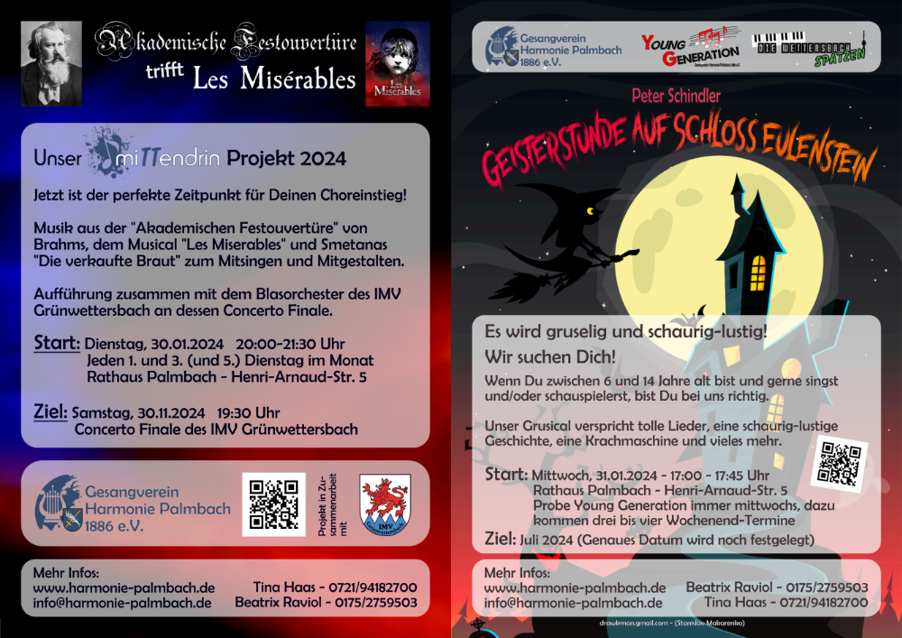 Flyer für unsere Projekte - Akademische Festouvertüre trifft Les Miserables - Geisterstunde auf Schloss Eulenstein